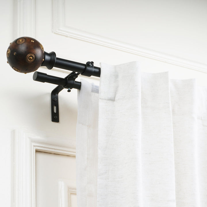 Black Extendable Double Curtain Pole with Dark Wood & Antique Brass Ball Finials | 28-144 Inch