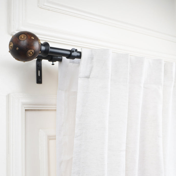 Black Extendable Double Curtain Pole with Dark Wood & Antique Brass Ball Finials | 28-144 Inch