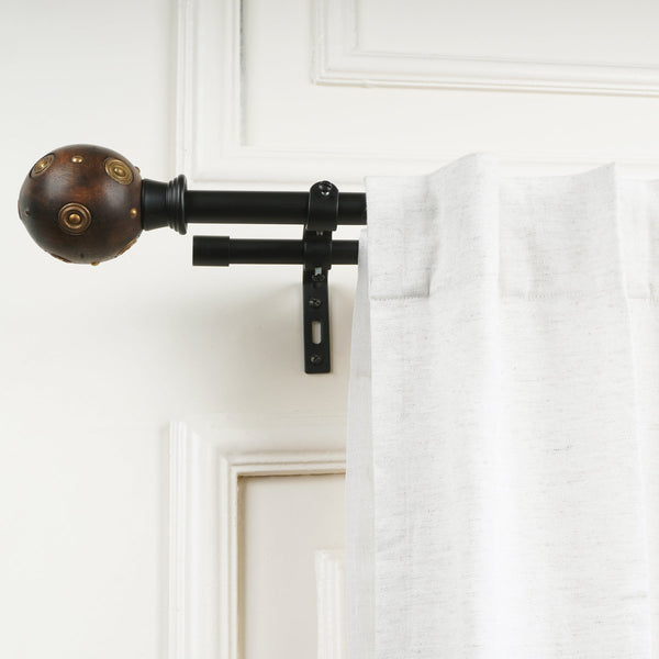 Black Extendable Double Curtain Pole with Dark Wood & Antique Brass Ball Finials | 28-144 Inch