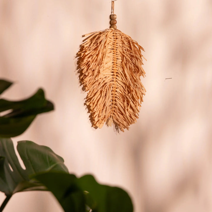 Handmade Raffia Leaf Wall Hanging - Natural, Bohemian Decor for Living Room, Bedroom