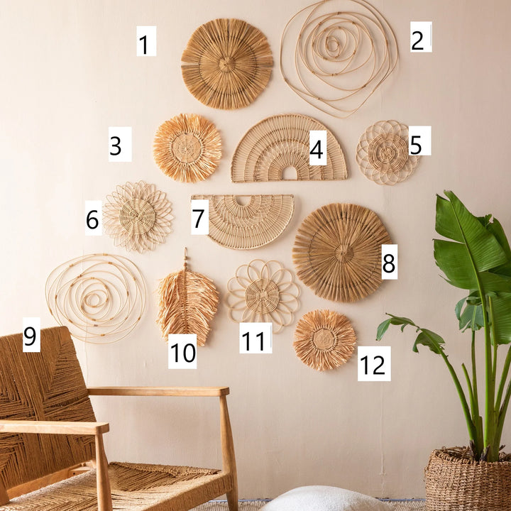 Bohemian Rattan Wall Art Set (12pcs) - Natural Woven Decor for Living Room, Bedroom