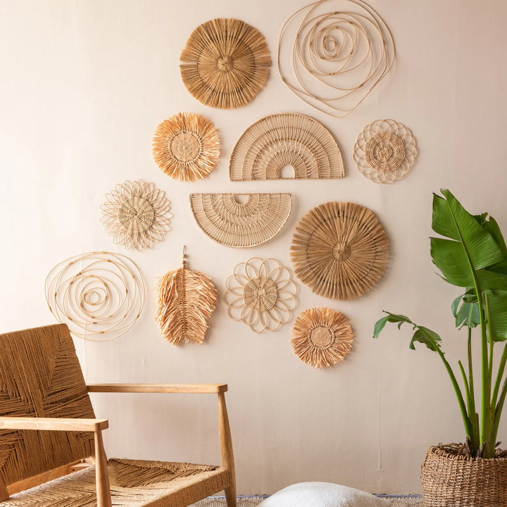 Bohemian Rattan Wall Art Set (12pcs) - Natural Woven Decor for Living Room, Bedroom