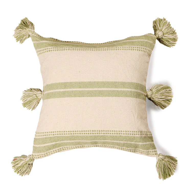 Sage Green Cushion Cover with Tassels | 40x40cm | Striped Cotton | Handmade