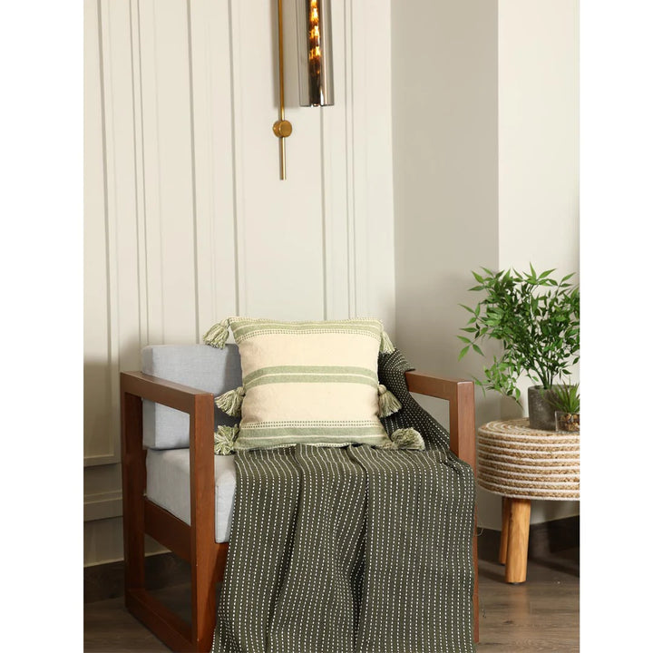 Sage Green Cushion Cover with Tassels | 40x40cm | Striped Cotton | Handmade