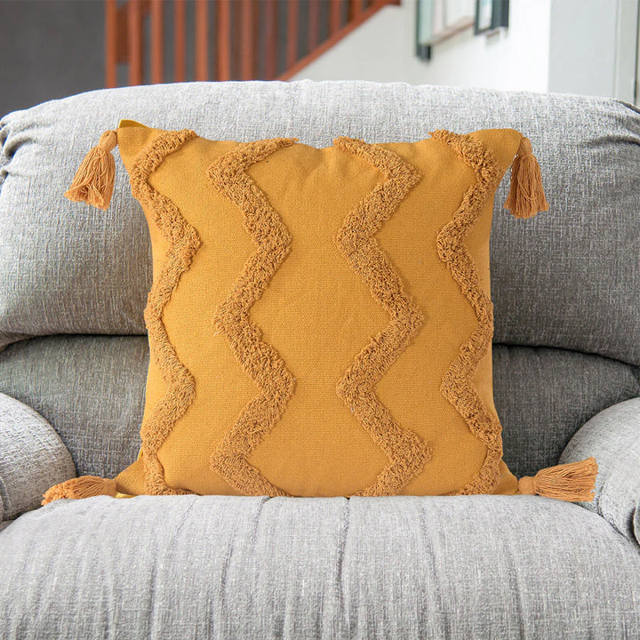 Mustard Yellow Tufted Cushion Cover | 45x45cm Cotton | Handmade with Tassels | Boho Decor