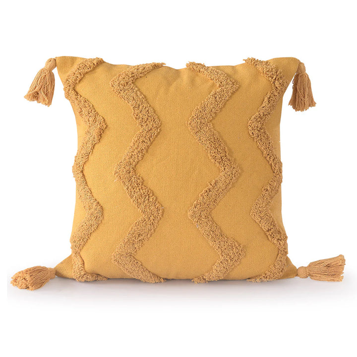Mustard Yellow Tufted Cushion Cover | 45x45cm Cotton | Handmade with Tassels | Boho Decor