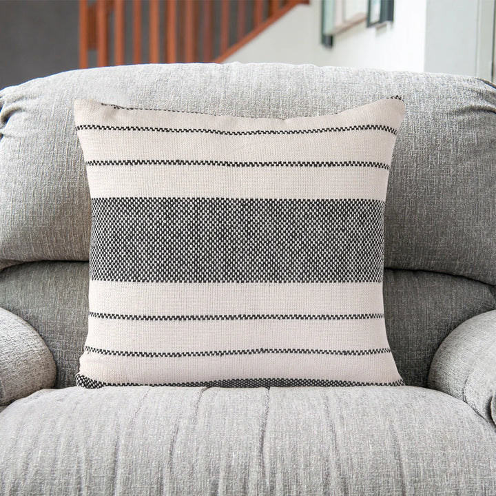 Cream & Black Striped Cushion Cover | 40x40cm | Handmade Cotton | Textured Weave