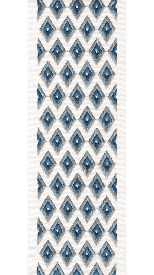 Geometric Embroidered Trim | Cotton Canvas | 10cm Wide | Ideal for Curtains, Crafts & Home Decor Ivory Navy Blue