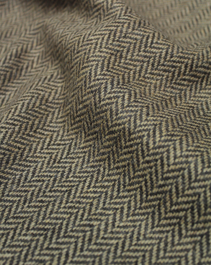 Organic Woolen Tweed Fabric - Beige with Black Herringbone Pattern - By the Metre (142cm Wide, 350gsm) - Perfect for Curtains, Clothing & More