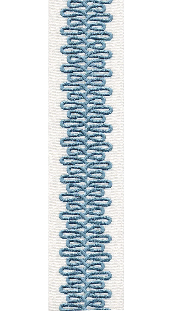 Scroll Pattern Pure Cotton Canvas Trim | 2.5 Inch / 6.35cm Wide Border Tape for Curtains & Furnishings | By The Metre Ivory Sky Blue