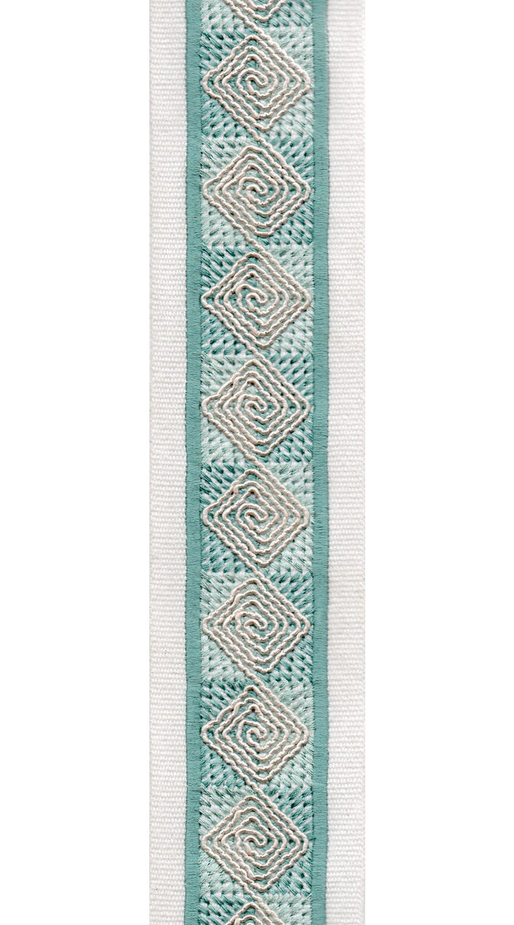 Diamond Spiral Cotton Canvas Trim | 2.5 Inch (6.35cm) | Embroidered Border | 10 Colours | By The Metre Ivory Aqua
