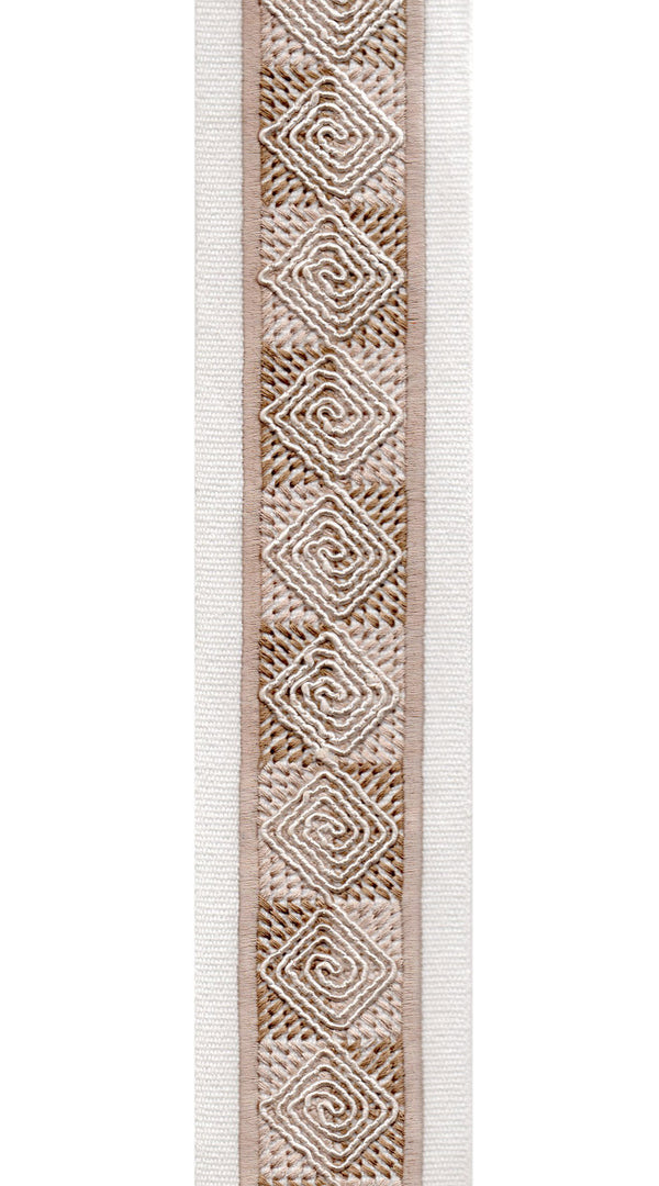 Diamond Spiral Cotton Canvas Trim | 2.5 Inch (6.35cm) | Embroidered Border | 10 Colours | By The Metre Ivory Beige