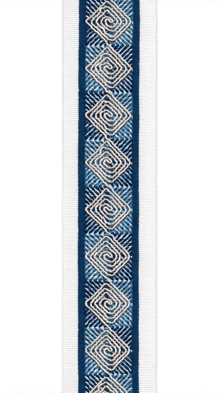 Diamond Spiral Cotton Canvas Trim | 2.5 Inch (6.35cm) | Embroidered Border | 10 Colours | By The Metre Ivory Navy