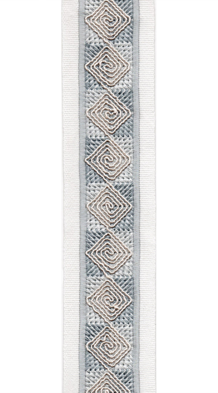 Diamond Spiral Cotton Canvas Trim | 2.5 Inch (6.35cm) | Embroidered Border | 10 Colours | By The Metre Ivory Silver