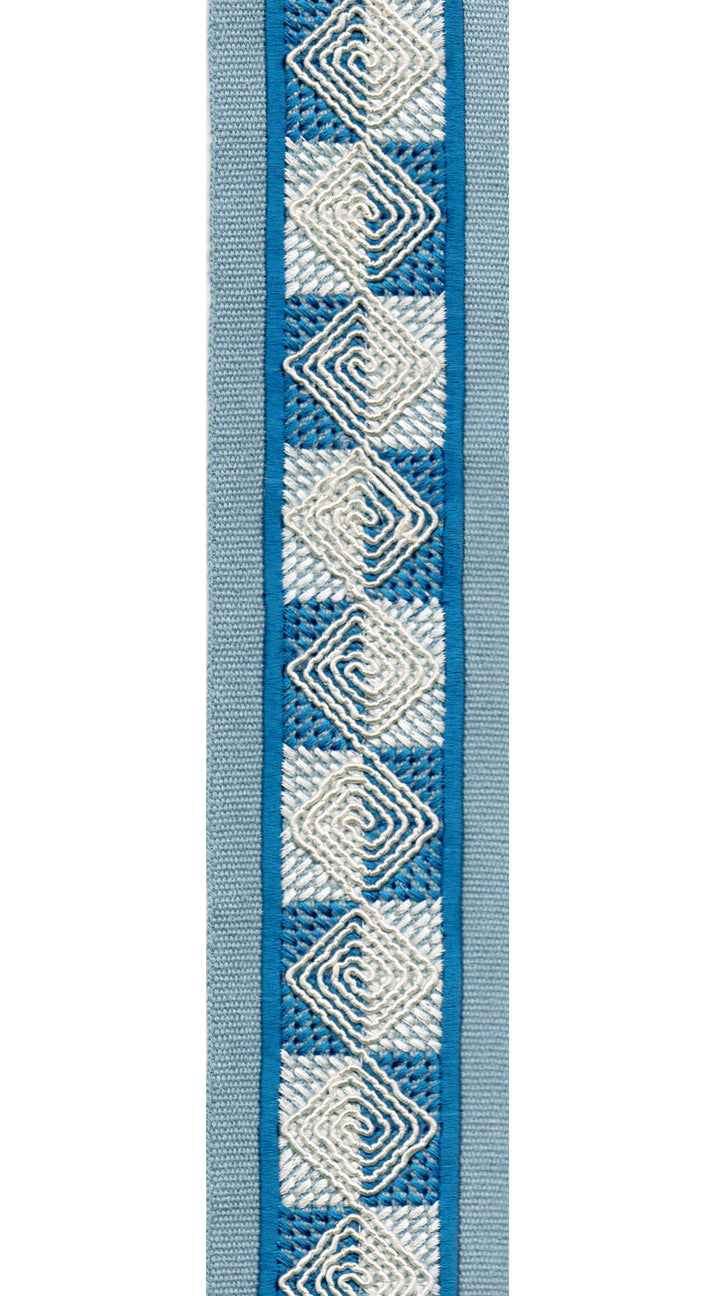 Diamond Spiral Cotton Canvas Trim | 2.5 Inch (6.35cm) | Embroidered Border | 10 Colours | By The Metre Midblue Indigo
