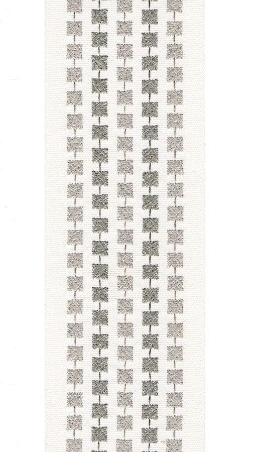 Embroidered Trim with Connecting Squares | Cotton Canvas | 10cm Wide | By the Metre Ivory Fog Grey