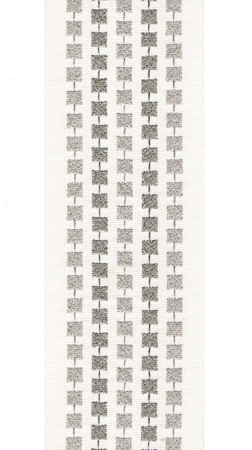 Embroidered Trim with Connecting Squares | Cotton Canvas | 10cm Wide | By the Metre Ivory Fog Grey