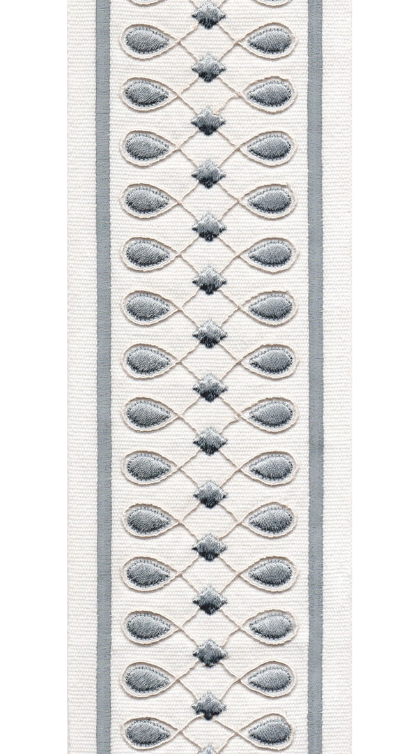 Geometric Teardrop Cotton Canvas Trim | 4 Inch (10.16cm) | Wide Embroidered Border | 3 Colours | By The Metre Ivory Grey