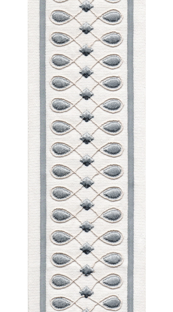 Geometric Teardrop Cotton Canvas Trim | 4 Inch (10.16cm) | Wide Embroidered Border | 3 Colours | By The Metre Ivory Grey