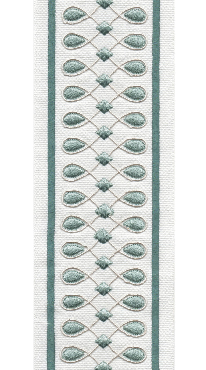 Geometric Teardrop Cotton Canvas Trim | 4 Inch (10.16cm) | Wide Embroidered Border | 3 Colours | By The Metre Ivory Mint