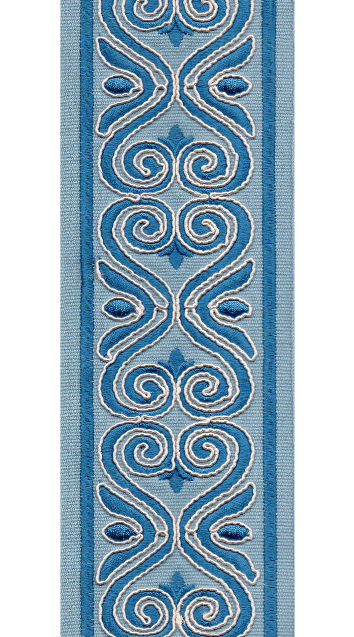 Ornate Scroll Cotton Canvas Trim | 4 Inch (10.16cm) | Wide Embroidered Border | 7 Colours | By The Metre Midblue Indigo