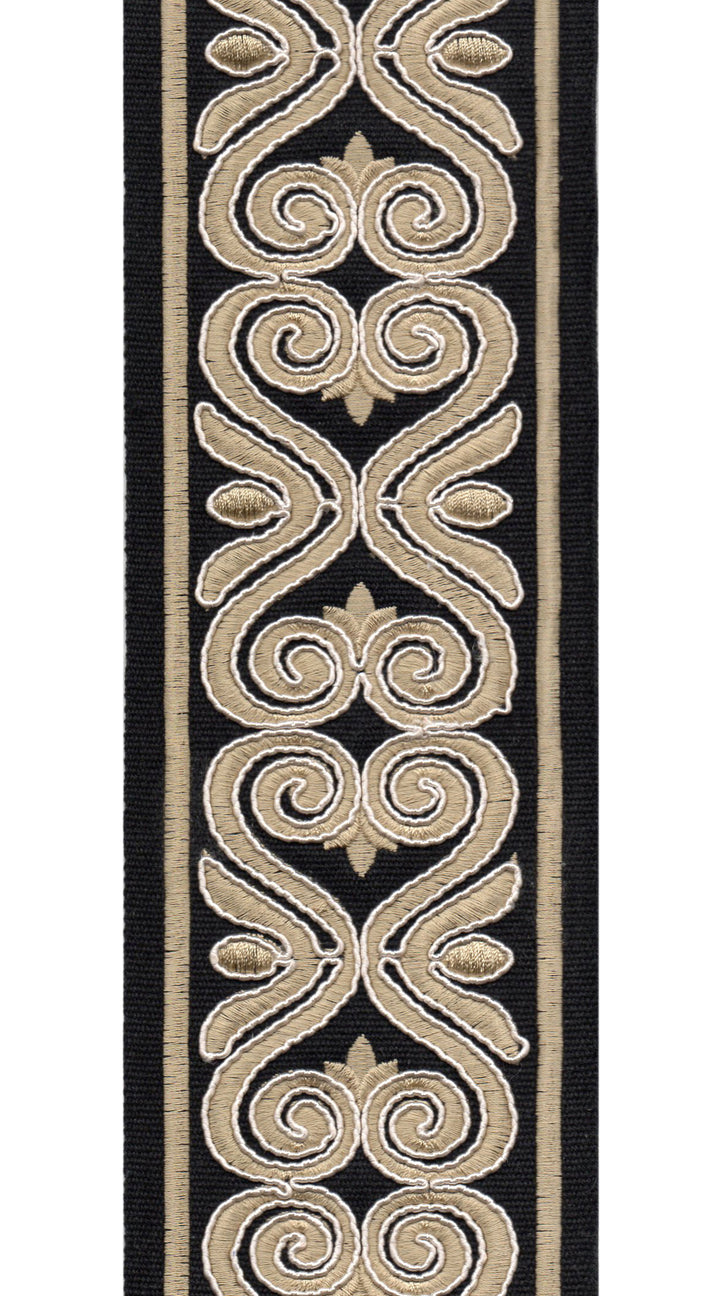 Ornate Scroll Cotton Canvas Trim | 4 Inch (10.16cm) | Wide Embroidered Border | 7 Colours | By The Metre Black Gold