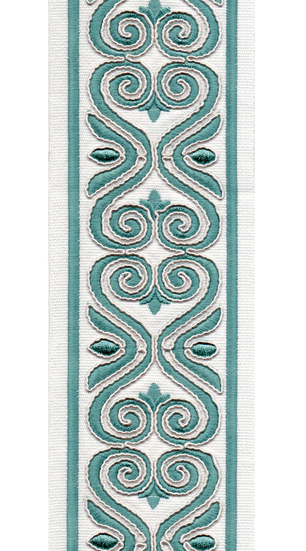 Ornate Scroll Cotton Canvas Trim | 4 Inch (10.16cm) | Wide Embroidered Border | 7 Colours | By The Metre Ivory Aqua