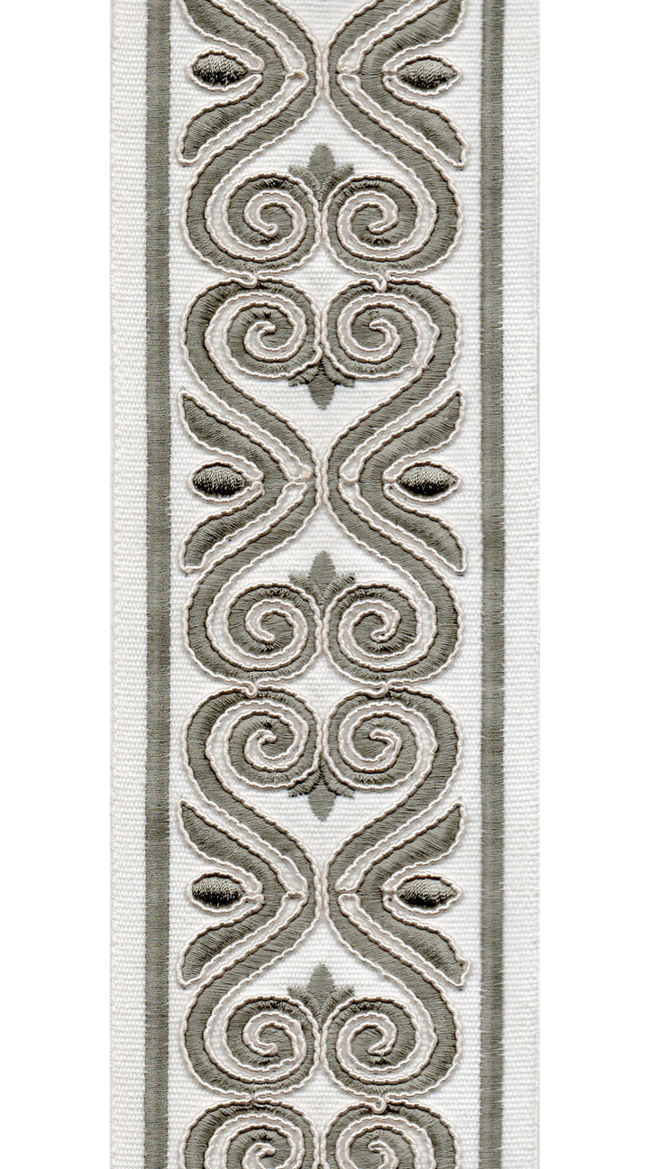 Ornate Scroll Cotton Canvas Trim | 4 Inch (10.16cm) | Wide Embroidered Border | 7 Colours | By The Metre Ivory Ash Grey