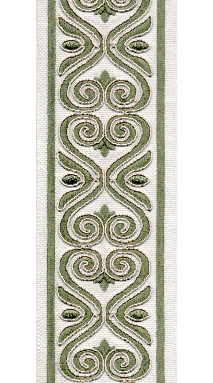 Ornate Scroll Cotton Canvas Trim | 4 Inch (10.16cm) | Wide Embroidered Border | 7 Colours | By The Metre Ivory Green