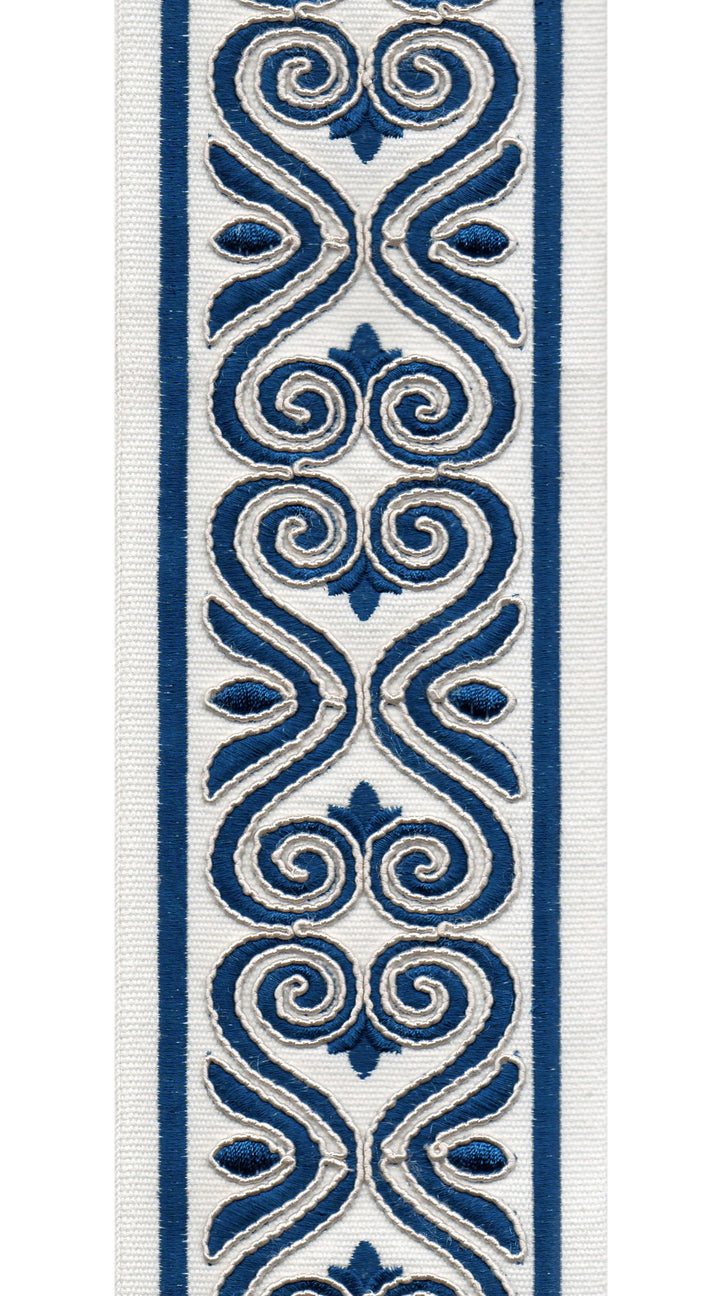Ornate Scroll Cotton Canvas Trim | 4 Inch (10.16cm) | Wide Embroidered Border | 7 Colours | By The Metre Ivory Navy