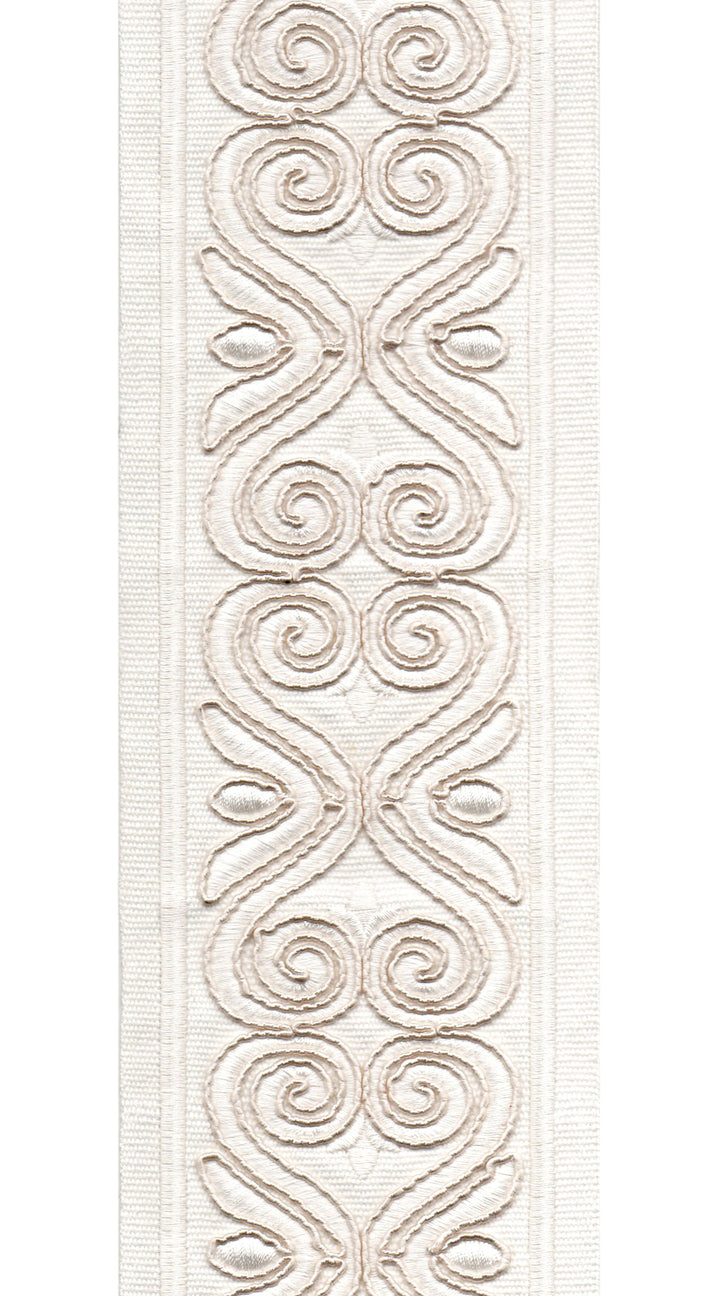 Ornate Scroll Cotton Canvas Trim | 4 Inch (10.16cm) | Wide Embroidered Border | 7 Colours | By The Metre Ivory on Ivory