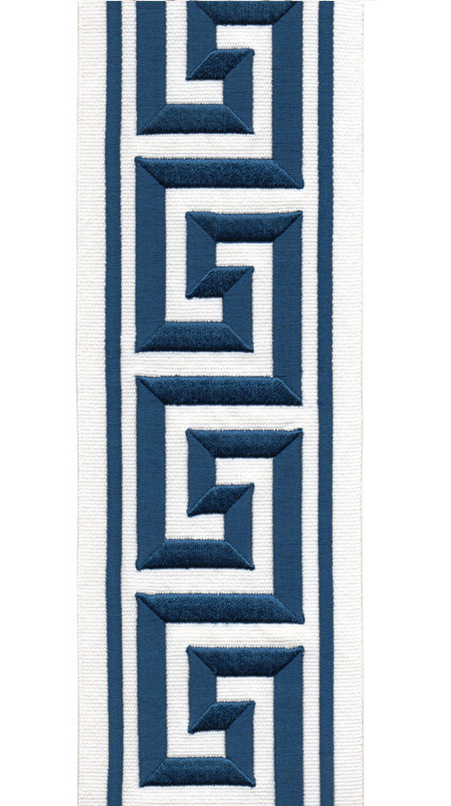 Greek Key Border Trim | 10 Colours | 10cm Wide Embroidered Cotton Canvas Trimming Tape | For Curtains, Cushions, Blinds & Home Decor Ivory Navy Blue