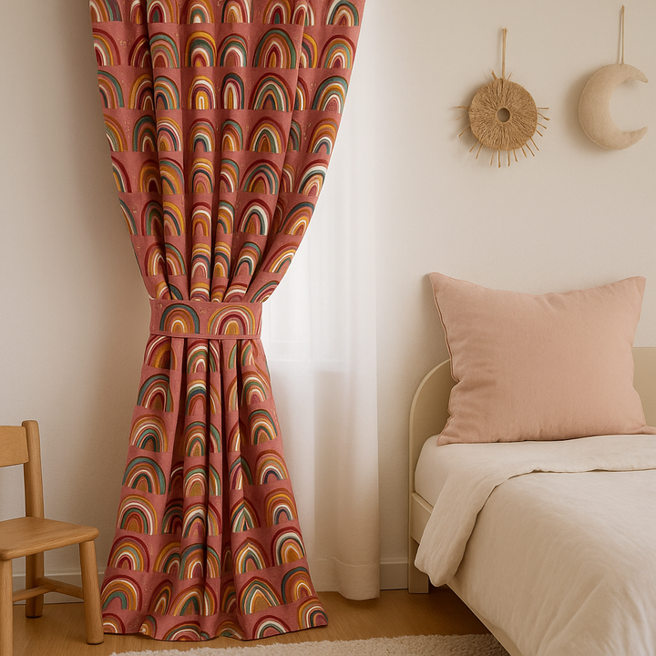 Rainbow Dreams Cotton Kids Curtains – Berry-Pink Bedroom Drapes, Light-Filtering or 100 % Blackout | Made to Measure