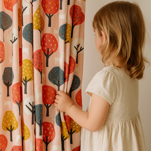 Woodland Deer Cotton Curtains – Autumn Tree & Deer Print Drapes, Light-Filtering or 100 % Blackout