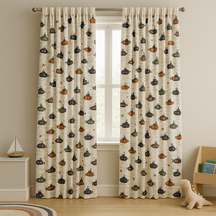 Submarine Adventure Cotton Kids Curtains – Nautical Underwater Drapes, Light-Filtering or 100 % Blackout
