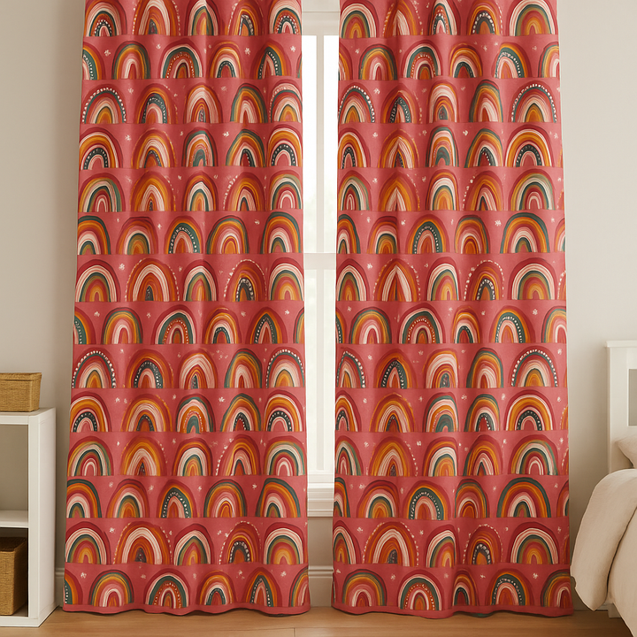 Rainbow Dreams Cotton Kids Curtains – Berry-Pink Bedroom Drapes, Light-Filtering or 100 % Blackout | Made to Measure