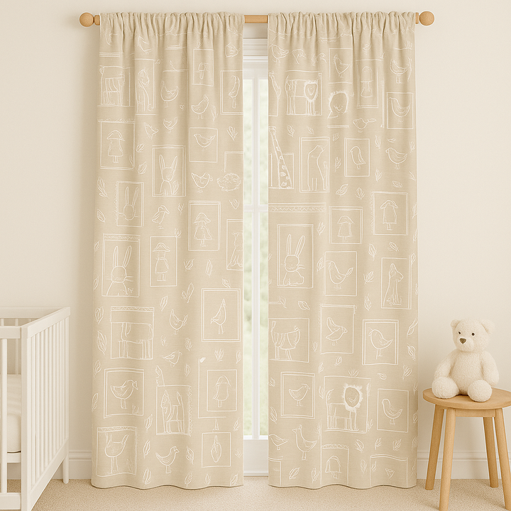Soft Linen Animal Embroidered Nursery Curtains – 5 Colours – Blackout or Cotton Lined – Custom Sizes – Rod or Track Compatible