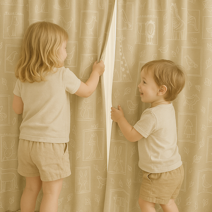 Soft Linen Animal Embroidered Nursery Curtains – 5 Colours – Blackout or Cotton Lined – Custom Sizes – Rod or Track Compatible