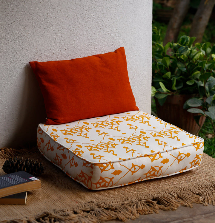 Large Patterned Floor Cushion (20x20") - Moroccan Inspired - Cream with Yellow Design - 100% Cotton - Eco-Friendly
