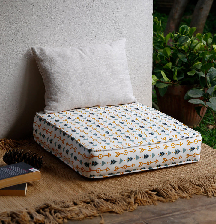 Large Patterned Floor Cushion (20x20") for Lounging & Meditation - Cream with Blue & Yellow Arrow Design - 100% Cotton - Eco-Friendly