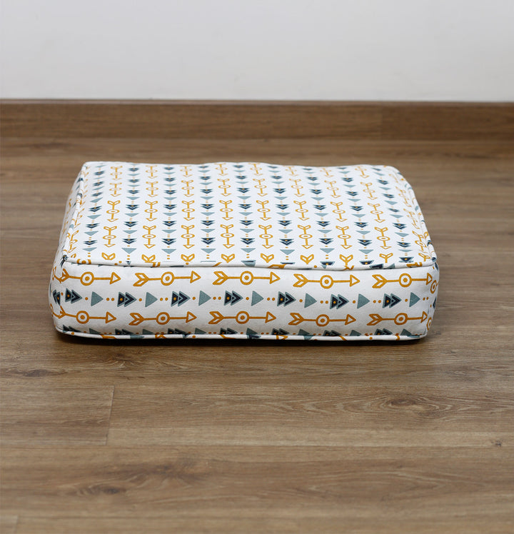 Large Patterned Floor Cushion (20x20") for Lounging & Meditation - Cream with Blue & Yellow Arrow Design - 100% Cotton - Eco-Friendly