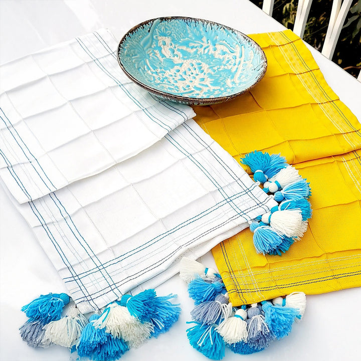 White Pintuck Linen Table Runner | Blue Accent Stitching | Tassel Trim | 92-305cm