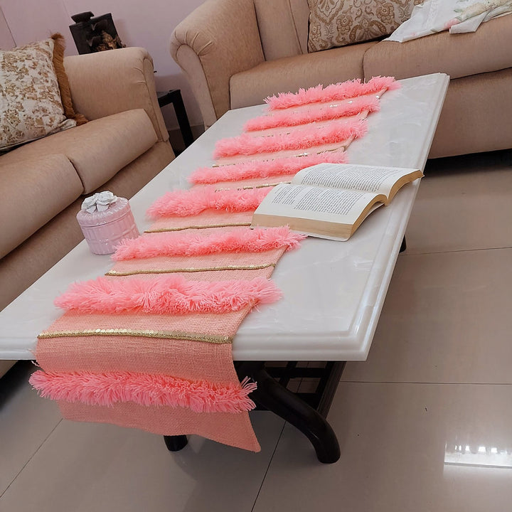 Peach Shag Table Runner | Linen with Gold Sequins | 92-305cm