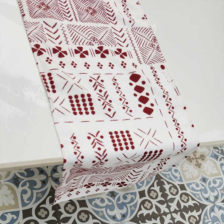 White & Maroon Tribal Table Runner | Organic Linen | Bohemian Style | 92-305cm