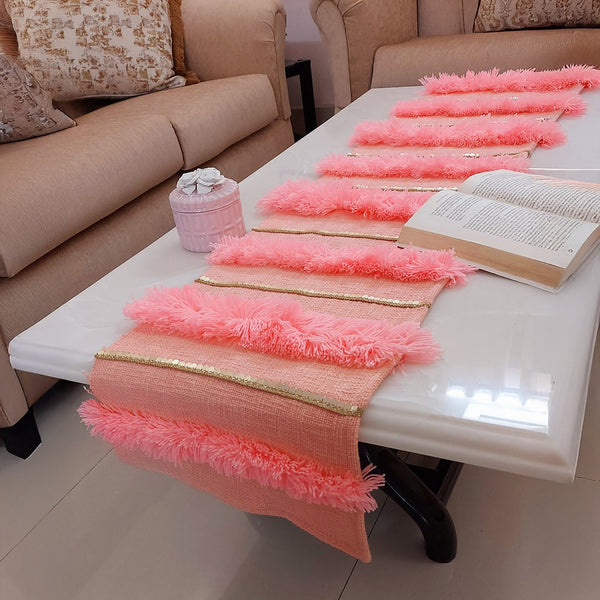 Peach Shag Table Runner | Linen with Gold Sequins | 92-305cm