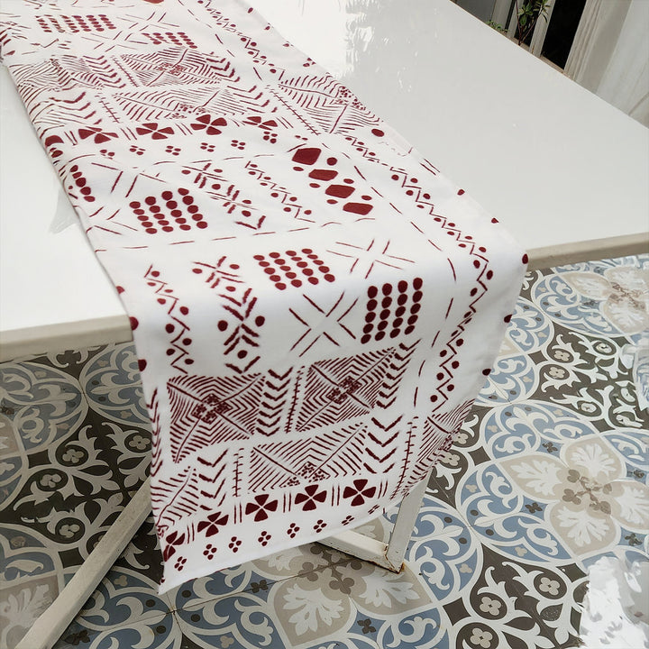 White & Maroon Tribal Table Runner | Organic Linen | Bohemian Style | 92-305cm