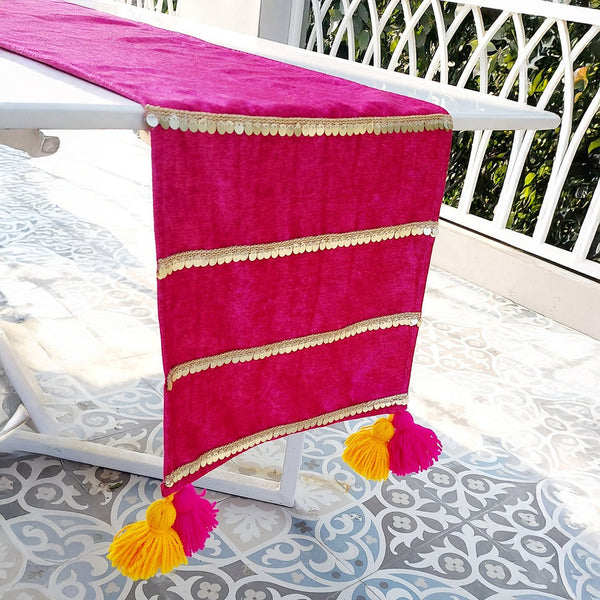 Magenta Velvet Table Runner | Gold Sequin Trim | Tassels | 92-305cm