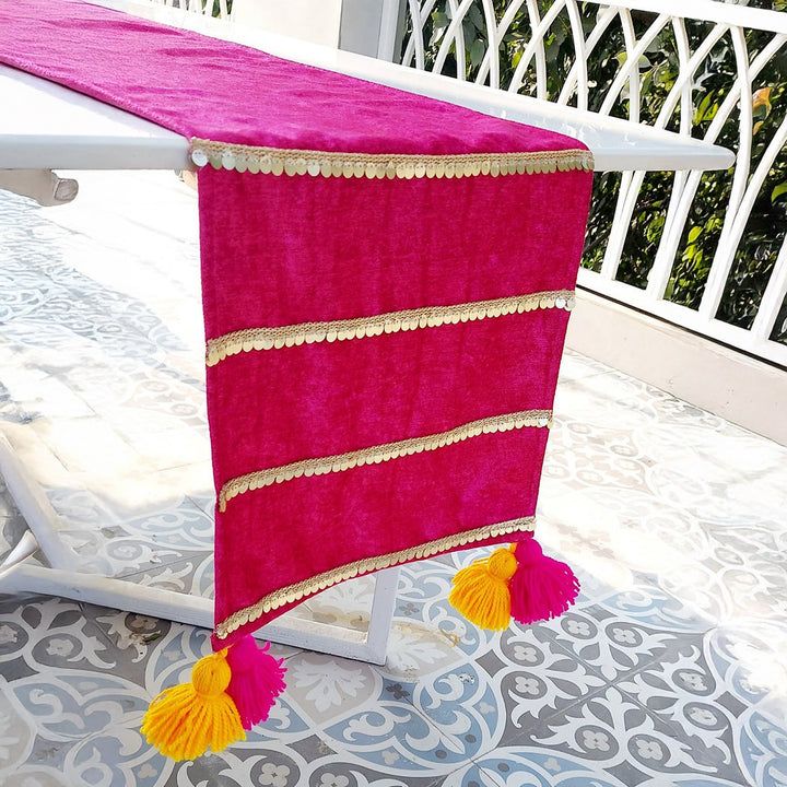 Magenta Velvet Table Runner | Gold Sequin Trim | Tassels | 92-305cm