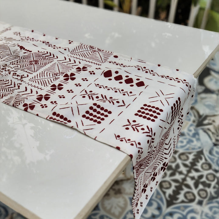 White & Maroon Tribal Table Runner | Organic Linen | Bohemian Style | 92-305cm