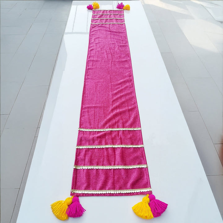 Magenta Velvet Table Runner | Gold Sequin Trim | Tassels | 92-305cm